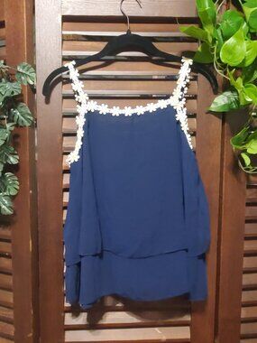 Navy Blue Daisy Applique Trim Chiffon Cami